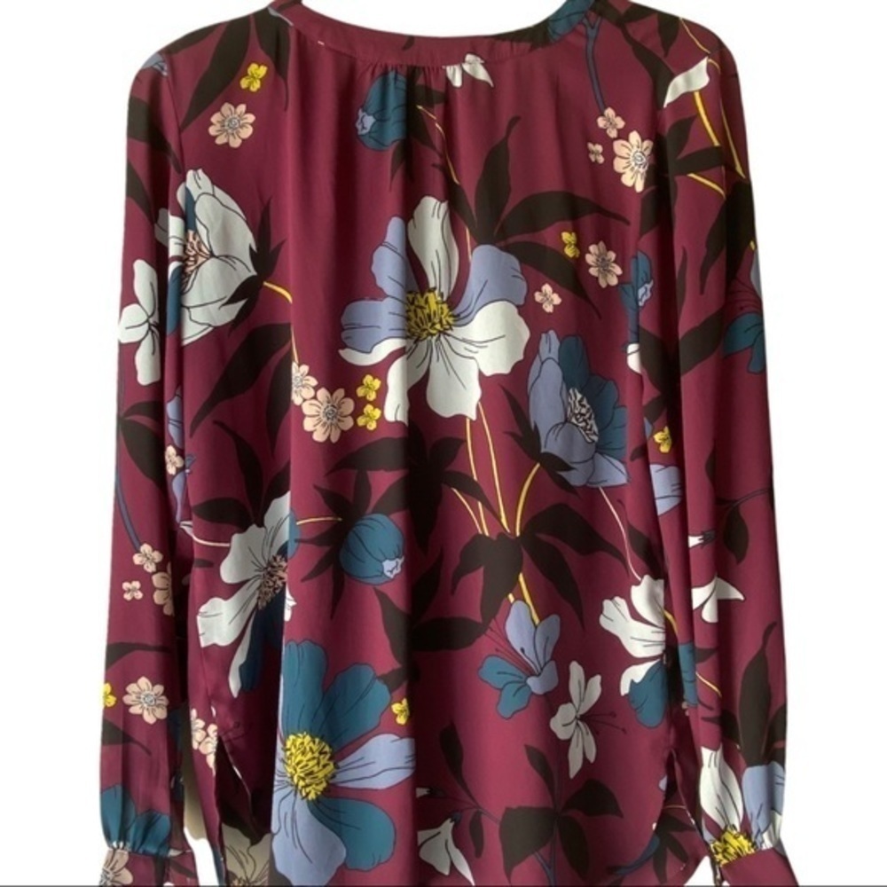 LOFT Maroon Floral Long Sleeves Sheer Blouse Sz S - Picture 2 of 7